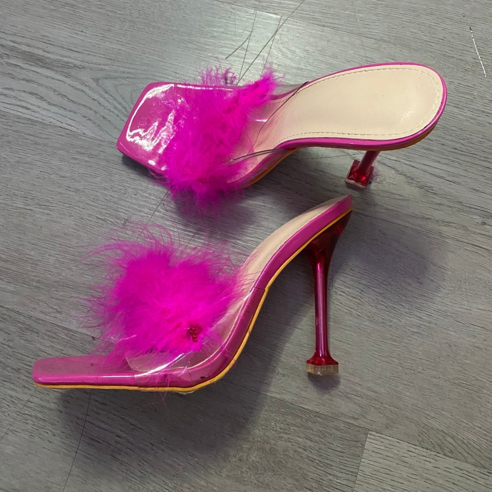 Feather Mules Women Size 9 Hot Pink Square Toe Clear Strap Heels